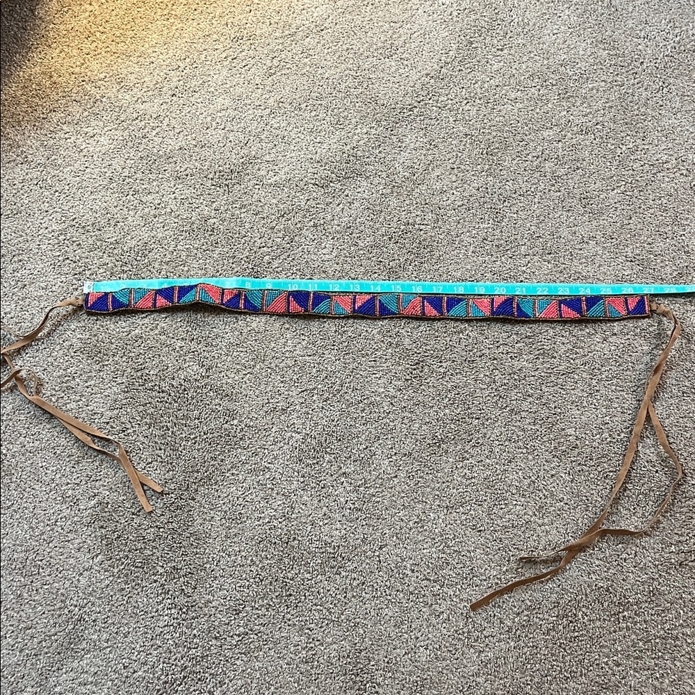 Vegan Leather Vibrant Turquoise Navy Coral and Bronze Beaded tie belt 64 inches - Picture 6 of 16